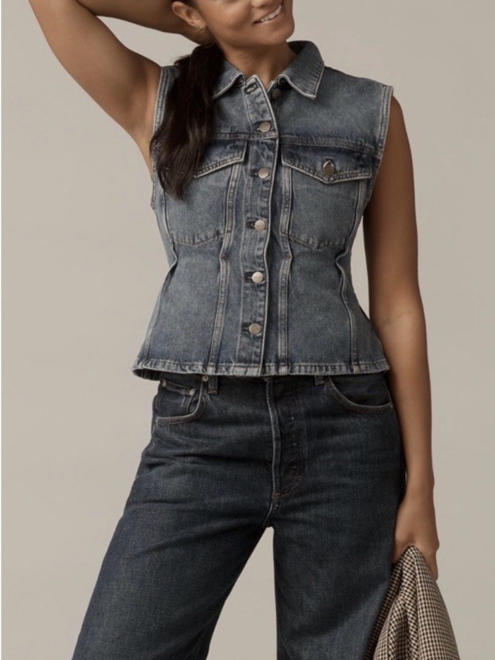 Anthropologie Sleeveless Denim Vest in Dark Blue-Gray